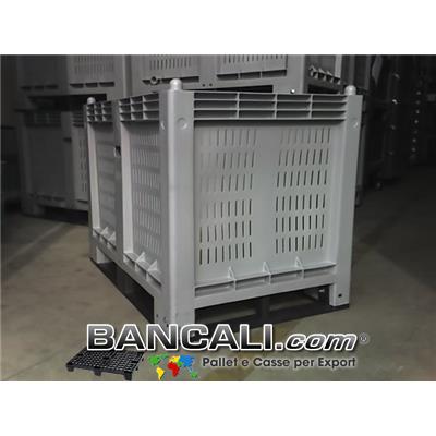 AgriBox® CargoPallet Box 600 Litri; Cassone in Plastica: Pareti Forate, Fondo Chiuso;  800x1200 h.850;  Atossico: per uso alimentare; con 4 Slitte / Traverse sotto già montate.