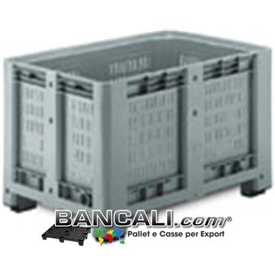 AgriBox® Contenitore Box 470 Litri; Cassone in Plastica: Pareti Forate, Fondo Forato;  800x1200 h.760;  Atossico: per uso alimentare; con  3 Travese.
Di solito Colore Grigio realizzato con plastiche vergini. Peso Tara 36 Kg. 