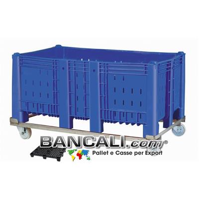 Agri Box Bins Lungo 1610 mm. Largo 1040 mm con Telaio in Metallo e 4 Route alto 840 mm in Plastica Vergine 10 Piedi Igienico Forato Peso Tara 68 Kg.