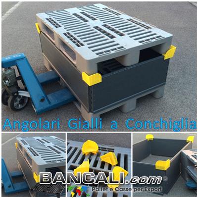 Angolari  in plastica a forma di Conchiglia di colore giallo utilizzati per sovrapporre tutti i tipi di pallet e di tutte le dimensioni. Accessorio correlato alle sponde o paratie o collari o cinture. 
