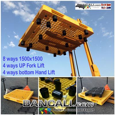 Bancale Grande Giallo 1500x1500 mm. h. 250 mm. 8 Vie PALLET GIGANTE Reversibile Doppia Faccia identico da entrambi i Lati. Molto Forte e resistente, Lavori pesanti, frequenti e intensivi Ideale come pedana 16 Piedi Forcabile Transpallet Peso Tara 39 Kg.  