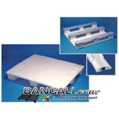 Bancale Igienico Haccp 1000x1200 mm. Pianale Chiuso, idoneo al contatto diretto con gli alimenti; Idoneo agli Scaffali o Rack o drive-in con 3 Slitte o 3 Traverse che contengono 3 barre di metallo come rinforzo. Peso 22,5 Kg.