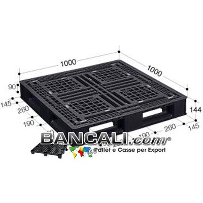 Bancale Perimetrale 1000x1000 Quadrato Sovrapponibile Robusto colore Nero con gommini antiscivolo sopra e sotto il pianale. Tara Peso: Kg. 13,8 Bancale 4 Vie con Transpallet e Muletto.
