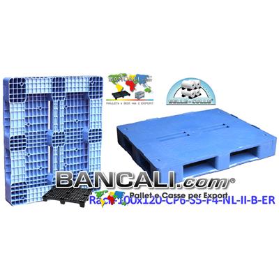 Bancale Rettangolare in Plastica 1000x1200 mm. CP6 Piano Chiuso con 4 Fessure al centro e 5 Slitte sotto; Colore Blue. Dotato di Bordini o denti alternati sul pianale sopra alle estremità perimetrali. Per rulliere o Rullovie Peso  21 Kg.
