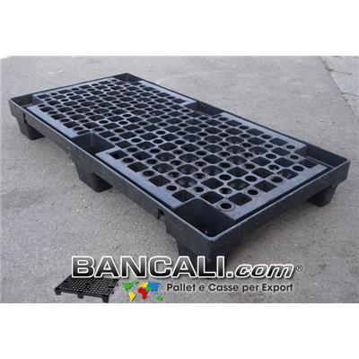 Bancale Stretto 600x1200 h.150 mm. in plastica Robusto, Pianale Grigliato, inseribile con 6 Piedi, inforcabile 2 vie. Peso Tara 9,3 Kg.