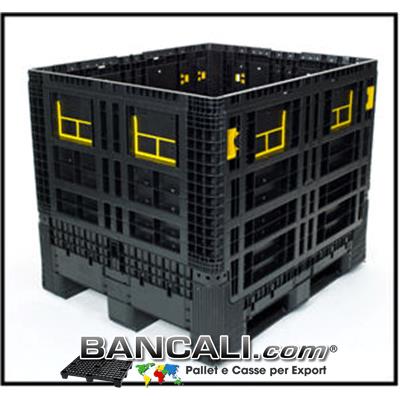 Box in Plastica 1000x1200 h.975 mm. 4 Pareti Ripieghevoli, di cui 4 sportelli abbattibili; Peso 49 Kg. Capacità in Litri 800; Fornito con Coperchio.