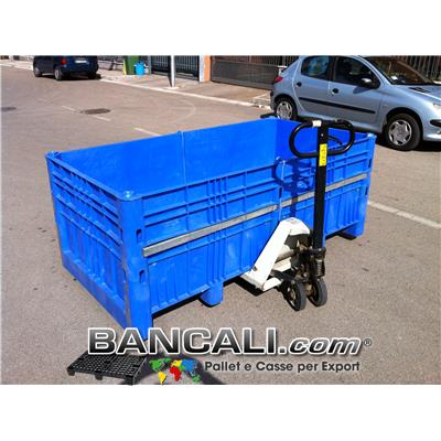 Cassa in Plastica molto Grande Larga 1100 mm x Lunghezza 2100 mm altezza 800 mm con Coperchio,  con 5 traverse Trasversali. Cassa Inforcabile 2 Vie, Peso Tara  80 Kg circa.
