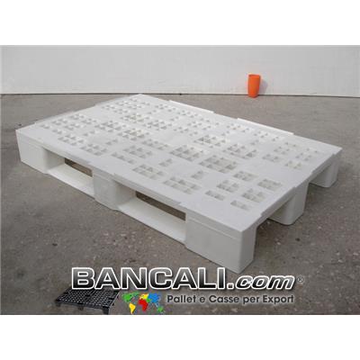 EuroPallet  in Plastica Sovrapponibile 80x120 Igienico, Atossico di colore Bianco, Fessurato a Quadrati Variabili; con 3 slitte sotto. Peso Tara: 14 Kg.