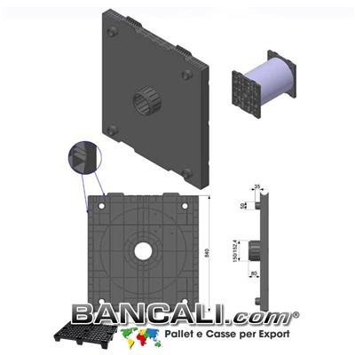 Flangia Quadrata in Plastica 800x840 mm. destinata all'uso di porta bobine in sospeso; con Cilindro sporgente INCORPORATO di Diametro 152 mm. ( = a  6 Pollici) e altezza 80mm. di colore Nero, Kg. 8,3; da introdurre nelle Anime delle Bobine 