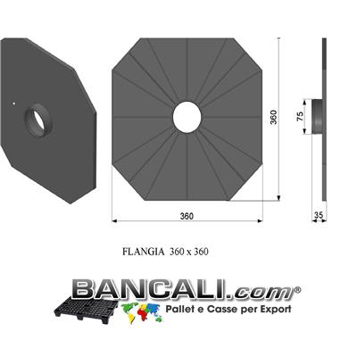 Flangia in Plastica 360x360 mm. con cono da 76mm o 3 Pollici PortaBobine o Rotoli in Sospensione a 2 Flange a perdere Peso Tara 0,243 Kg.