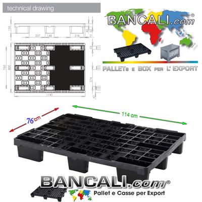 Pallet Rettangolare 760x1140 mm in Plastica a Pianale Grigliato con 9 Piedi idoneo all'Export. Ideale per lo stivaggio a 3 Corridoi nel Container, come pure 2 Corridoi forcandolo Lato Lungo. Tara Peso Kg. 5  SENZA BORDI