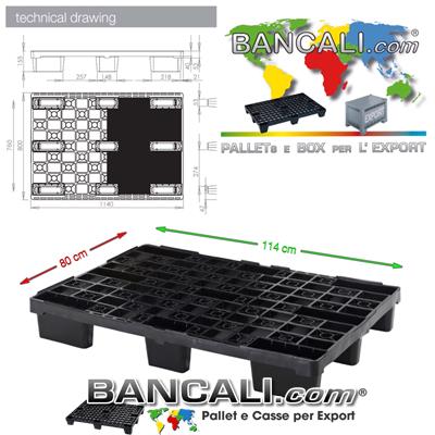 Pallet Rettangolare 800x1140 mm in Plastica Grigliato con 9 Piedi idoneo all'Export. Maglia con Cerchi. Europallet più corto, ideale per lo stivaggio a 2 Corridoi nel Container. Peso Tara Kg. 5 