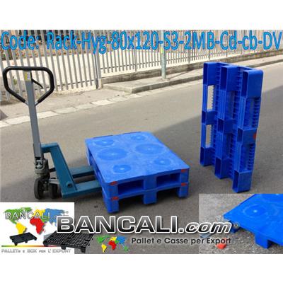 Pallet Robusto 800x1200 mm. in plastica Vergine, Igienico, dotato di 3 Tubolari metallici nel pianale chiuso, idoneo a Portate rilevanti su Scaffale. Peso Tara 18 Kg.