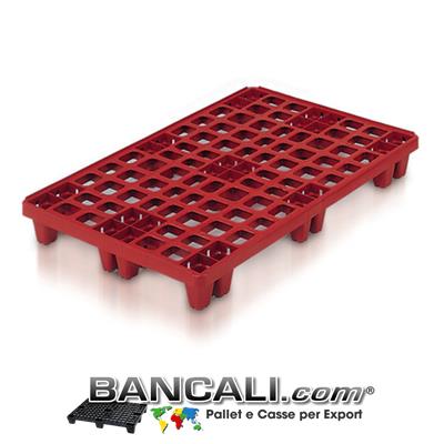 Pallet in plastica di Colore Rosso mattone, di MEDIA robustezza. Idoneo alla Movimentazione interna Riduce ingombri di Magazzino, 24 Piedi, Ha il bordino Perimetrale anti-sdrucciolo della merce. il pallet è Grigliato o Ventilato Peso Tara 6,1