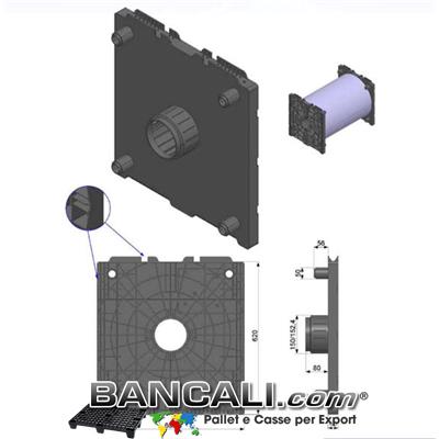 Porta Bobine mediante 2 Flange. La flangia in Plastica 600x620mm con cono da 152mm ( 6 Pollici) è utilizzata come supporto di  bobine di film; Sovrapponibili a più stadi o Livelli. Peso Kg. 4.5 Venduta o conteggiata per pezzo singolo.