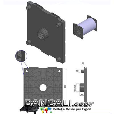 Porta Bobine mediante 2 Flange. La flangia in Plastica 700x700mm con cono da 152mm ( 6 Pollici) è utilizzata come supporto di  bobine di film; Sovrapponibili a più stadi o Livelli. Peso Kg. 7 Venduta o conteggiata per pezzo singolo.